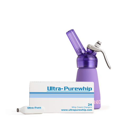 A product bundle consisting of a purple CreamRight half pint whipped cream dispenser and a box of 24 Ultra-Purewhip whipped cream chargers