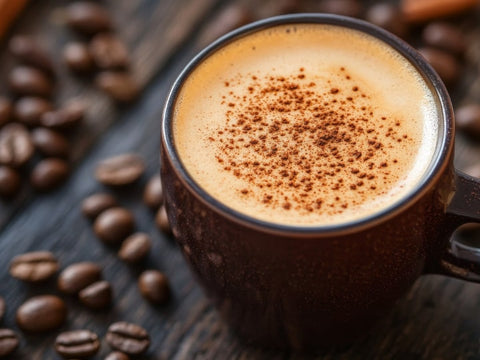 A cup of coffee with nutmeg sprinkled on top.