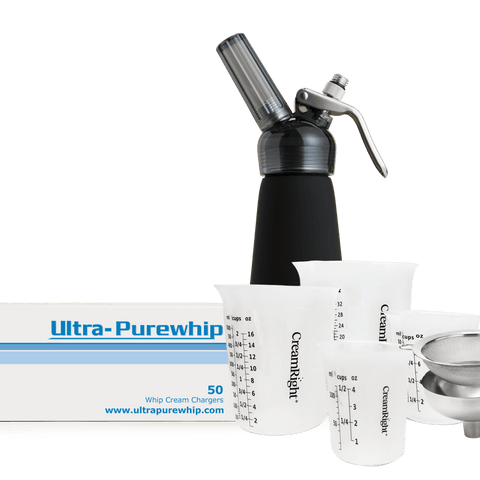 Cooking Enthusiast Bundle - BLACK: Includes a CreamRight Black 1 Pint Aluminum Transparent Whipped Cream Dispenser plus our Stainless-Steel Funnel & Sieve along with a Set of 4 CreamRight Silicone Measuring Cups