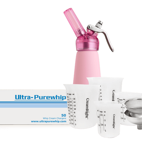 Cooking Enthusiast Bundle - PINK: Includes a CreamRight Pink 1 Pint Aluminum Transparent Whipped Cream Dispenser plus our Stainless-Steel Funnel & Sieve along with a Set of 4 CreamRight Silicone Measuring Cups