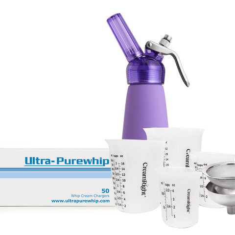 Cooking Enthusiast Bundle - PURPLE: Includes a CreamRight Purple 1 Pint Aluminum Transparent Whipped Cream Dispenser plus our Stainless-Steel Funnel & Sieve along with a Set of 4 CreamRight Silicone Measuring Cups