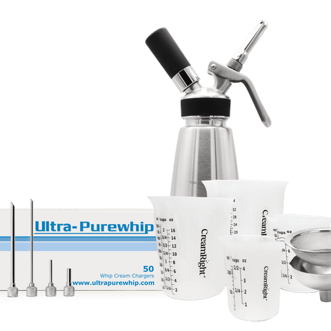 Culinary Pro Bundle - Includes: 1 Pint Stainless-Steel Whipped Cream Dispenser with a set of 4 Stainless-Steel Injector Tips and a Stainless-Steel Funnel & Sieve along with a Set of 4 Silicone Measuring Cups