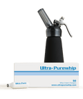 A product bundle of a one pint CreamRight whipped cream dispenser and a box of 50 Ultra-Purewhip whipped cream chargers