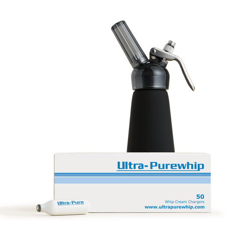 A product bundle of a one pint CreamRight whipped cream dispenser and a box of 50 Ultra-Purewhip whipped cream chargers