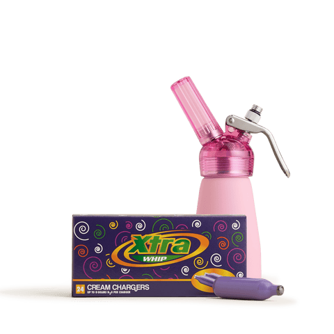 A bundle of a CreamRight half pint whipped cream dispenser and a box of 24 Xtra Whip whipped cream chargers