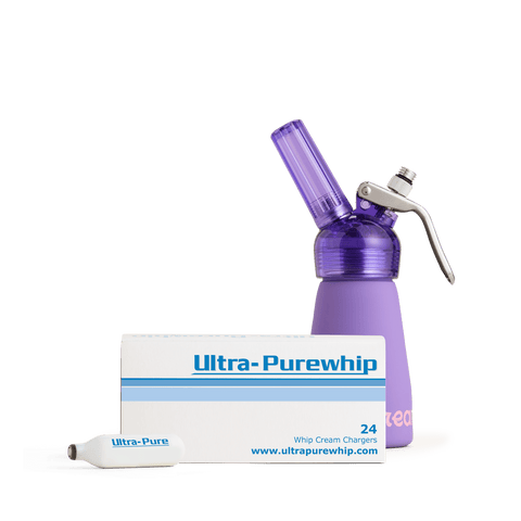 A product bundle consisting of a purple CreamRight half pint whipped cream dispenser and a box of 24 Ultra-Purewhip whipped cream chargers