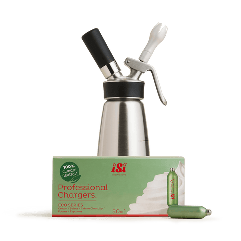 A bundle consisting of an iSi one pint Profi whipped cream dispenser and a box of 50 iSi Professional Eco Series whipped cream chargers
