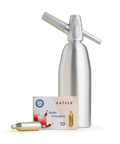 A product bundle of a Sparkle soda siphon and a box of 10 Kayser soda chargers