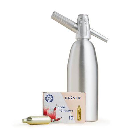 A product bundle of a Sparkle soda siphon and a box of 10 Kayser soda chargers