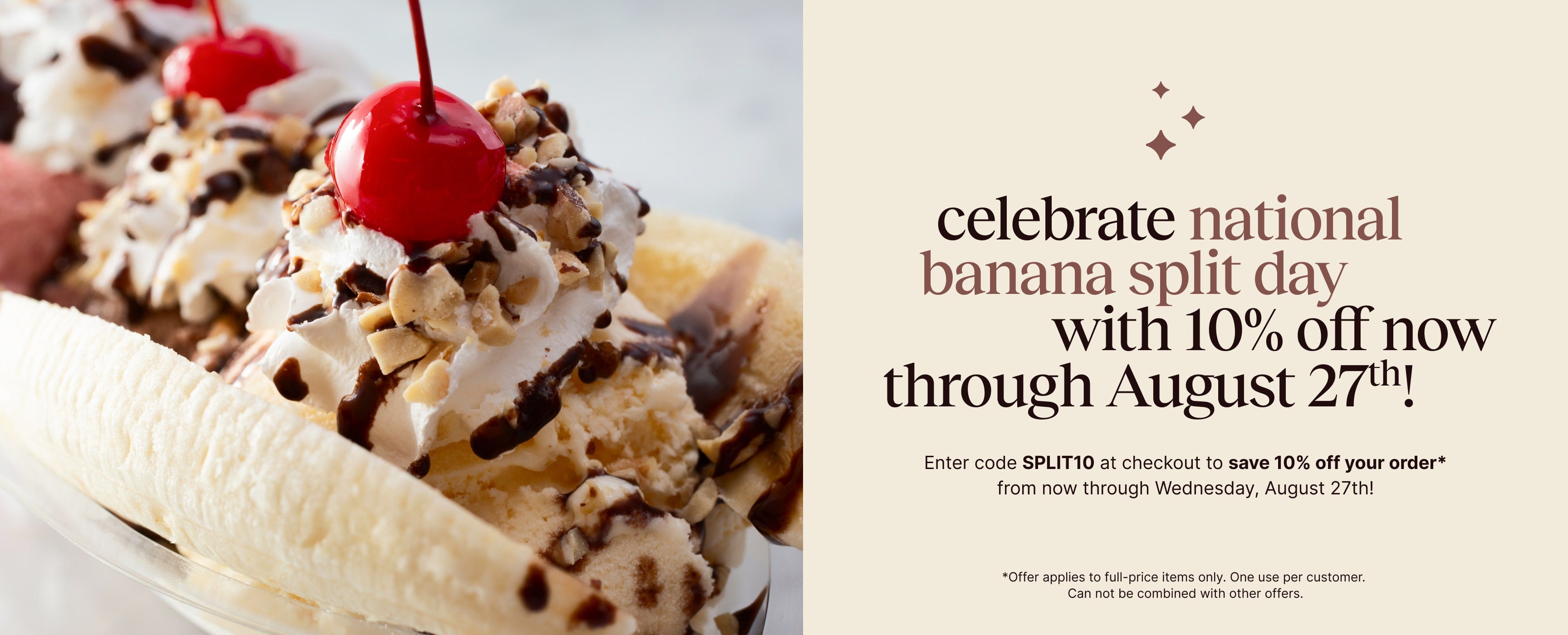 Banana split with whipped cream, nuts, and a cherry on top, with promotional text for National Banana Split Day.