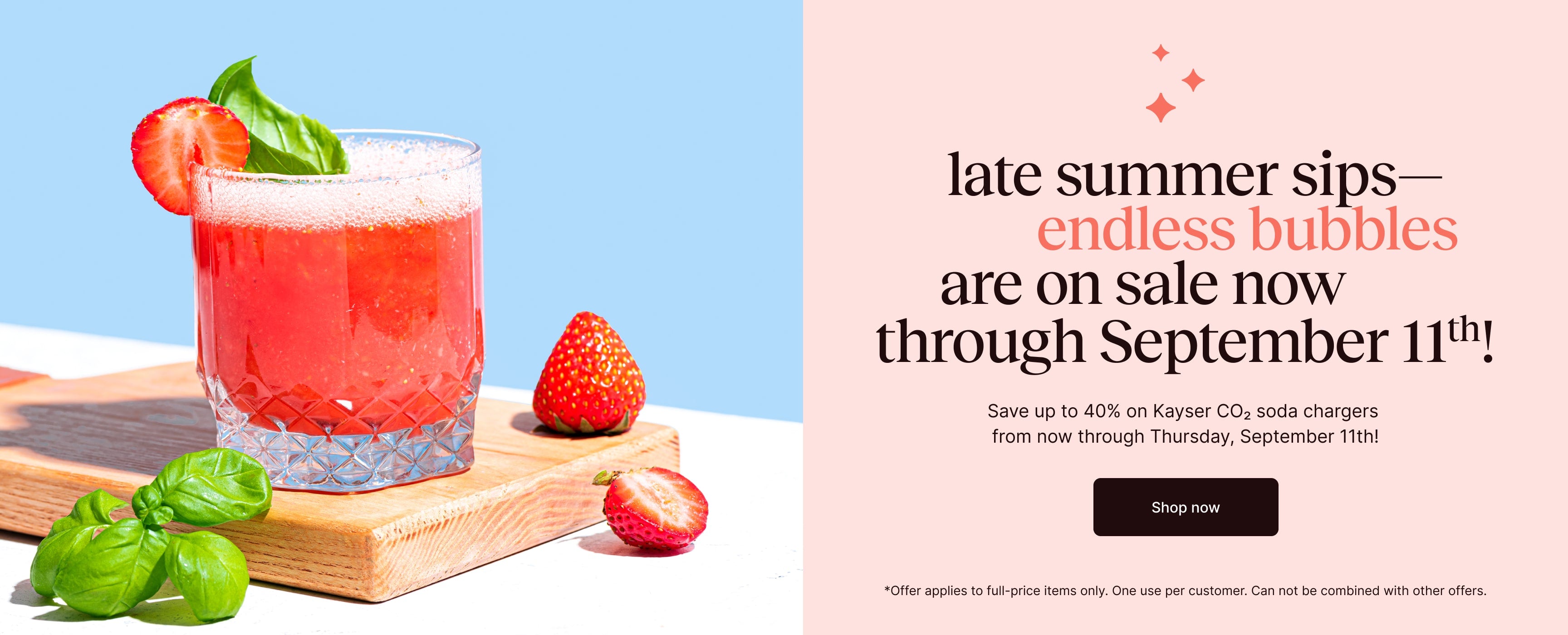 Sparkling drink with strawberries and basil on a wooden board against a blue background, with promotional text on the right.