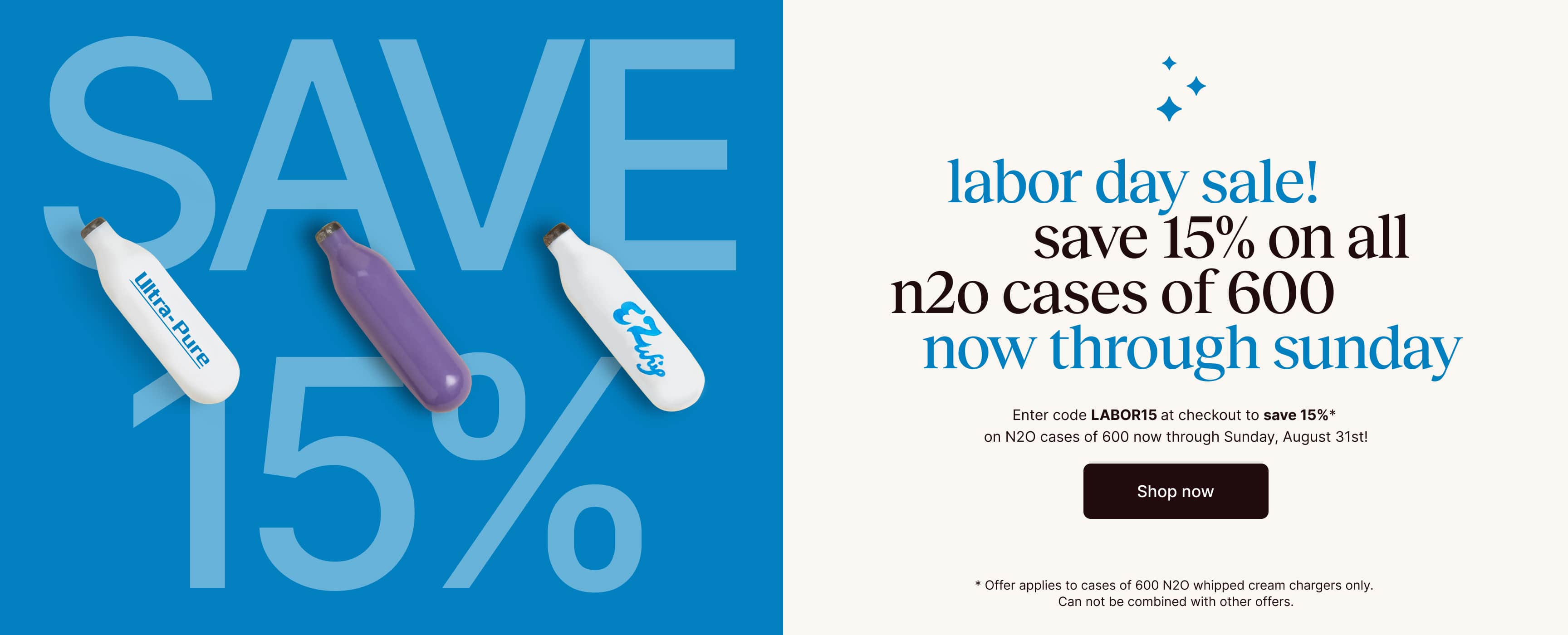 Promotional advertisement for a labor day sale on n2o cases of 600 with a blue background and text.