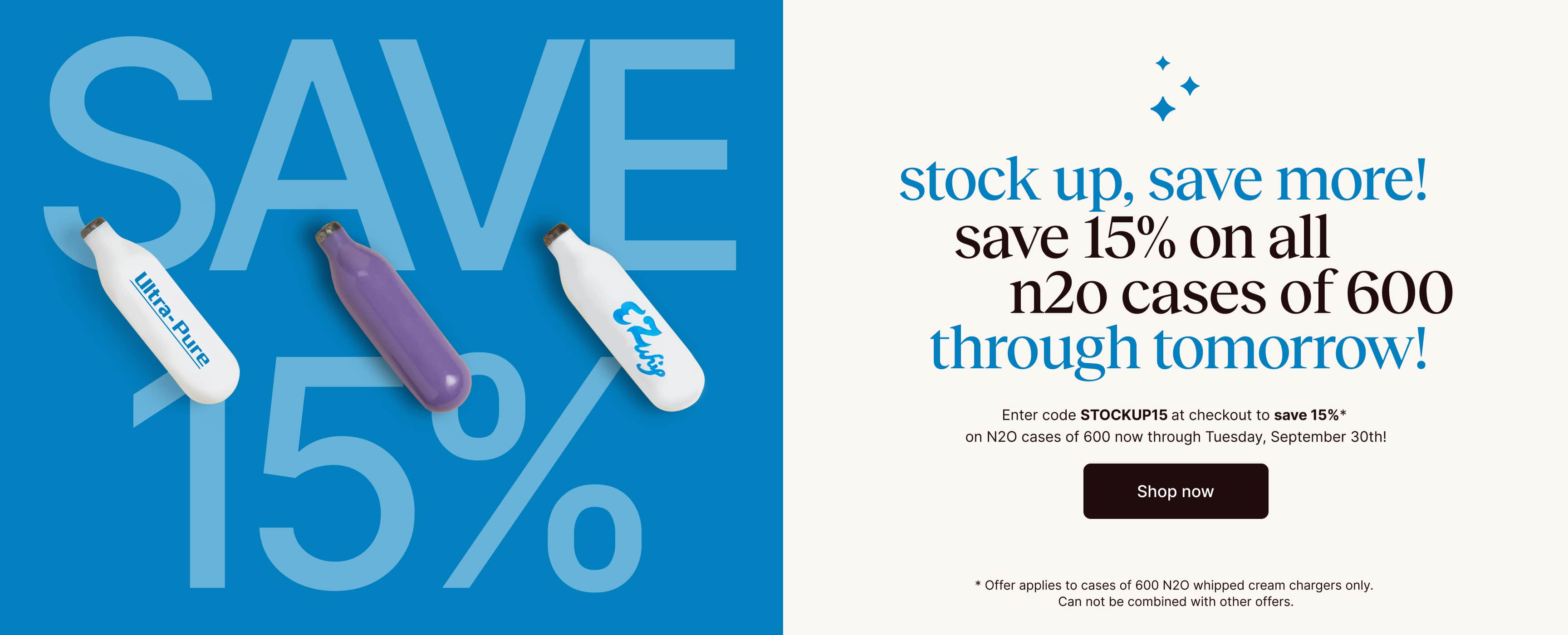 Promotional advertisement with text 'Save 15% on all n20 cases of 600 through tomorrow' and product images on a blue background.