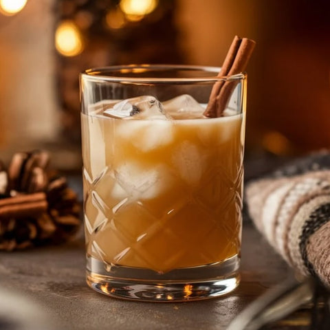 Glass of iced bourbon with a cinnamon stick on a wooden surface with warm toned background