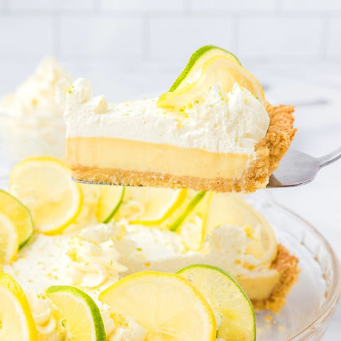 Slice of lemon lime pie topped with whipped cream and citrus slices on a white background