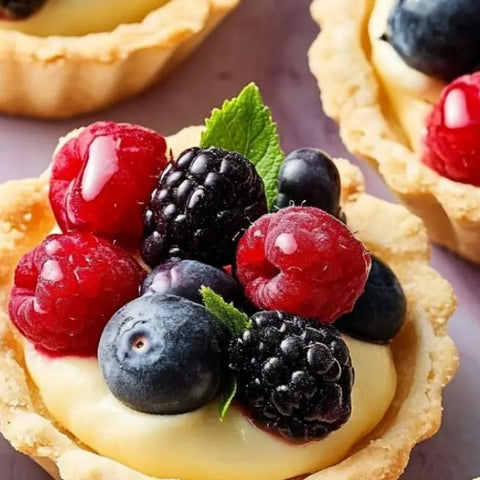 Small tartlets with cream filling and fresh berries on a pink surface