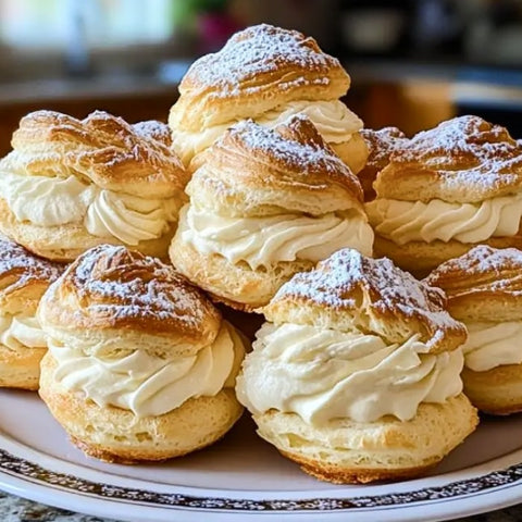 Platter of cream puffs with a soft-focus background